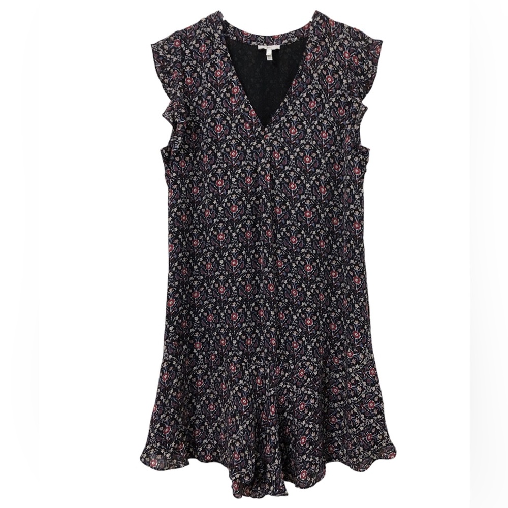 Joie |  Silk Black Floral Cap Short Sleeve Shift Mini Dress Medium